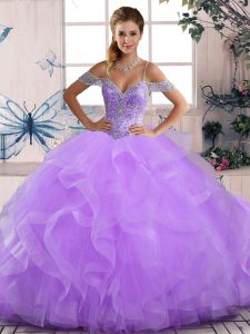 Dynamic Lavender Quinceanera Gowns Sweet 16 and Quinceanera with Beading and Ruffles Off The Shoulder Sleeveless Lace Up