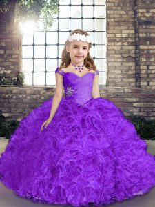 Discount Floor Length Purple Little Girls Pageant Dress Fabric With Rolling Flowers Sleeveless Beading