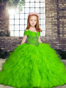  Ball Gowns Straps Sleeveless Tulle Floor Length Lace Up Beading Kids Pageant Dress