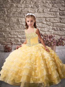 High End Tulle Straps Sleeveless Brush Train Lace Up Beading and Ruffled Layers Kids Formal Wear in Gold