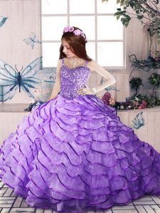  Lavender Organza Lace Up Straps Sleeveless Child Pageant Dress Brush Train Beading and Ruffled Layers