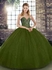 Traditional Beading Sweet 16 Dress Olive Green Lace Up Sleeveless Floor Length