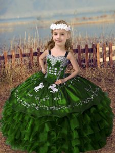 Stunning Embroidery and Ruffled Layers Little Girls Pageant Dress Wholesale Olive Green Lace Up Sleeveless Floor Length