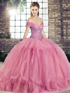 Cheap Watermelon Red Sleeveless Floor Length Beading and Ruffles Lace Up 15 Quinceanera Dress