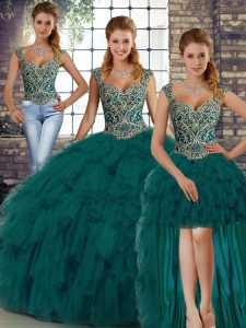 Modest Organza Sleeveless Floor Length Quinceanera Dress and Beading and Ruffles