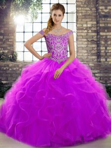 Fantastic Purple Quinceanera Gowns Military Ball and Sweet 16 and Quinceanera with Beading and Ruffles Off The Shoulder Sleeveless Brush Train Lace Up