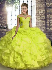  Yellow Ball Gowns Beading and Ruffles 15 Quinceanera Dress Lace Up Organza Sleeveless Floor Length