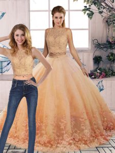 Flirting Lace Quince Ball Gowns Peach Backless Sleeveless Sweep Train