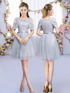 Discount Tulle Scoop Sleeveless Zipper Lace and Belt Dama Dress in Grey