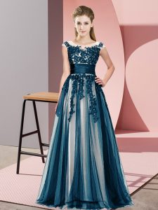 Romantic Tulle Scoop Sleeveless Zipper Beading and Lace Dama Dress for Quinceanera in Navy Blue
