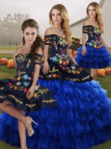  Floor Length Blue And Black Quinceanera Gowns Organza Sleeveless Embroidery and Ruffled Layers