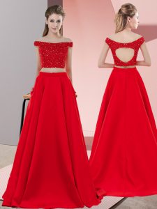Luxurious Red Homecoming Dress Off The Shoulder Sleeveless Sweep Train Backless