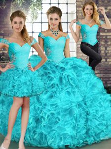  Aqua Blue Organza Lace Up Quinceanera Dress Sleeveless Floor Length Beading and Ruffles