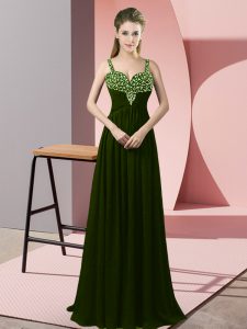 Perfect Olive Green Empire Chiffon Straps Sleeveless Beading Floor Length Zipper Prom Dress