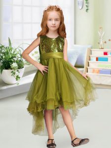 Vintage Sleeveless Organza High Low Zipper Flower Girl Dress in Olive Green with Sequins and Bowknot