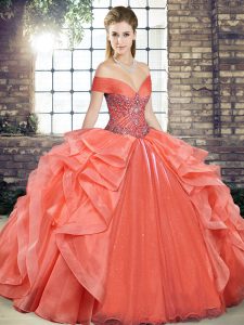  Orange Red Sleeveless Organza Lace Up Ball Gown Prom Dress for Military Ball and Sweet 16 and Quinceanera