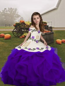  Purple Sleeveless Floor Length Embroidery and Ruffles Lace Up Little Girl Pageant Dress