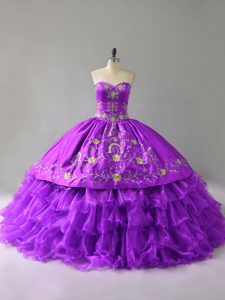 Suitable Floor Length Purple Sweet 16 Dress Organza Sleeveless Embroidery and Ruffles