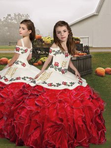  Straps Sleeveless Organza Girls Pageant Dresses Embroidery and Ruffles Lace Up