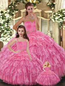 Dazzling Rose Pink Sleeveless Ruffled Layers Floor Length Vestidos de Quinceanera