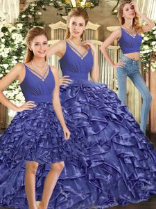 Designer V-neck Sleeveless Ball Gown Prom Dress Floor Length Brush Train Ruffles Lavender Organza