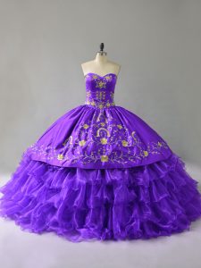 Best Selling Purple Sleeveless Floor Length Embroidery and Ruffles Lace Up 15 Quinceanera Dress