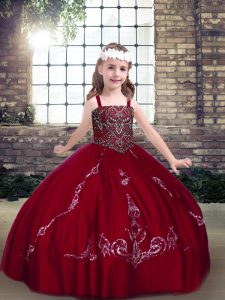  Floor Length Wine Red Little Girls Pageant Dress Wholesale Straps Sleeveless Lace Up