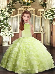 Trendy Sleeveless Floor Length Beading and Ruffled Layers Backless Little Girls Pageant Gowns with Yellow Green