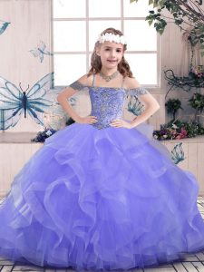 Low Price Lavender Tulle Lace Up Straps Sleeveless Floor Length Little Girls Pageant Gowns Beading and Ruffles