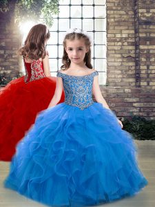  Tulle Off The Shoulder Sleeveless Lace Up Beading and Ruffles Child Pageant Dress in Blue