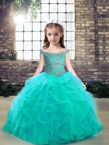 Nice Aqua Blue Sleeveless Tulle Lace Up Girls Pageant Dresses for Party and Wedding Party