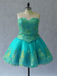  Tulle Sweetheart Sleeveless Lace Up Appliques and Embroidery Prom Party Dress in Turquoise