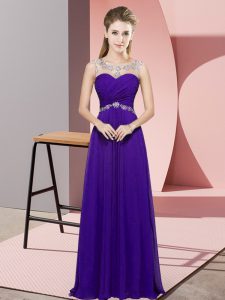 Glamorous Floor Length Purple Prom Dresses Chiffon Sleeveless Beading