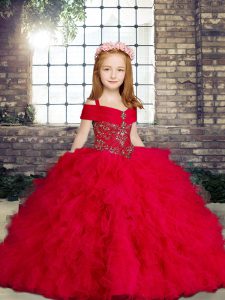  Red Tulle Lace Up Straps Sleeveless Floor Length Little Girls Pageant Dress Wholesale Beading and Ruffles