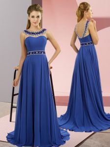 Best Selling Royal Blue Sleeveless Chiffon Brush Train Zipper Prom Dress for Prom and Party