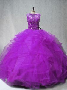 Best Purple Ball Gowns Scoop Sleeveless Tulle Brush Train Lace Up Beading and Ruffles 15 Quinceanera Dress