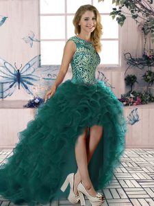  Sleeveless Lace Up High Low Embroidery and Ruffles Prom Dress