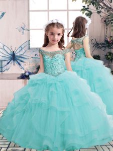  Aqua Blue Ball Gowns Scoop Sleeveless Tulle Floor Length Lace Up Beading Pageant Gowns For Girls