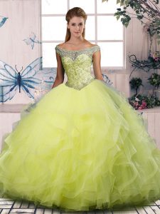  Yellow Green Sweet 16 Dress Sweet 16 and Quinceanera with Beading and Ruffles Off The Shoulder Sleeveless Lace Up