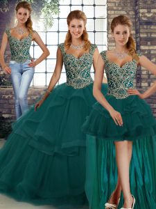 Free and Easy Peacock Green Three Pieces Beading and Ruffles Quinceanera Dress Lace Up Tulle Sleeveless Floor Length