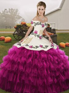 Flare Embroidery and Ruffled Layers Sweet 16 Quinceanera Dress Fuchsia Lace Up Sleeveless Floor Length