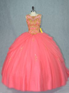  Sleeveless Beading Lace Up Sweet 16 Dresses with Watermelon Red Brush Train