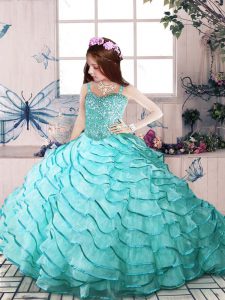  Organza Spaghetti Straps Sleeveless Lace Up Beading and Ruffled Layers Little Girl Pageant Gowns in Aqua Blue