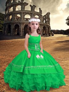  Green Satin and Organza Zipper Little Girls Pageant Dress Wholesale Sleeveless Floor Length Embroidery and Ruffled Layers