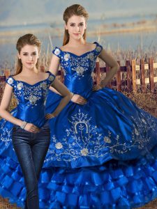  Two Pieces Sweet 16 Quinceanera Dress Royal Blue Off The Shoulder Satin and Organza Sleeveless Floor Length Lace Up