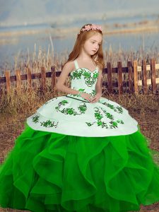  Green Ball Gowns Straps Sleeveless Organza Floor Length Lace Up Embroidery and Ruffles Little Girl Pageant Dress