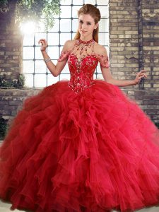  Red Ball Gowns Halter Top Sleeveless Tulle Floor Length Lace Up Beading and Ruffles 15th Birthday Dress