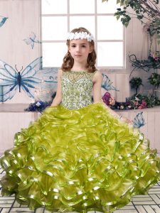  Olive Green Ball Gowns Organza Scoop Sleeveless Beading and Ruffles Floor Length Lace Up Kids Pageant Dress