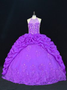 Gorgeous Purple Quinceanera Dress Sweet 16 and Quinceanera with Beading and Appliques and Embroidery and Pick Ups High-neck Sleeveless Lace Up