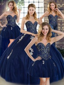 Latest Navy Blue Sleeveless Floor Length Beading and Appliques Lace Up Quinceanera Dress